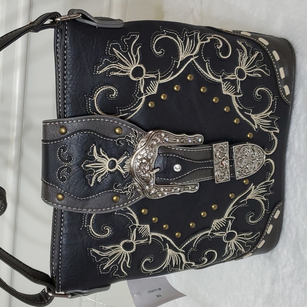 LAST 1 Gray Western Buckle  Crossbody with Embroidery - Picture 4 of 7